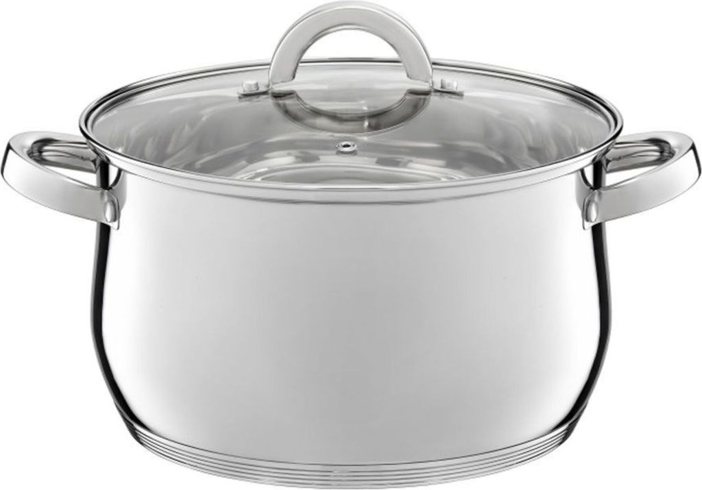 A stainless steel pot with a glass lid and handles, shown from a front-side angle on a white background.