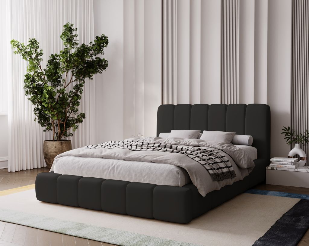 Polsterbett 200x200 Milan - Doppelbett mit Bettkasten, Bett mit Kopfteil - Samtstoff (Schwarz - Amor Velvet 4322)