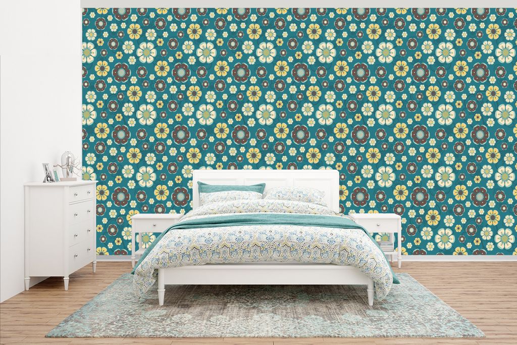 MuchoWow Fototapete für Wohnzimmer oder Schlafzimmer Wandtapete Vinyl Motivtapete Retro - Blumen - Muster - Blau - 430x240 cm - Gemustert