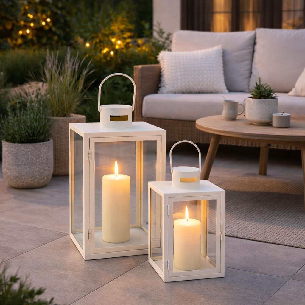 2er Laternen Set Gartenlaterne Windlicht Metall Cremeweiß ca. H30/41cm 70