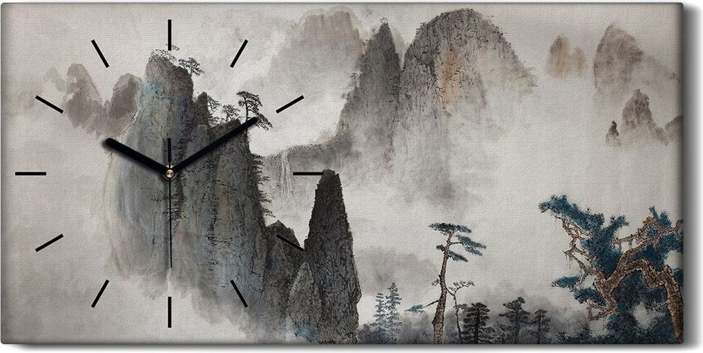 Wandkunst Leinwand Bild Uhr 60x30 Malerei Asiatische Berge Nebel Bäume - schwarze Hände
