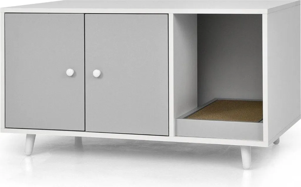 Meuble litière chat caché et table basse design gris de 90x50x50 cm