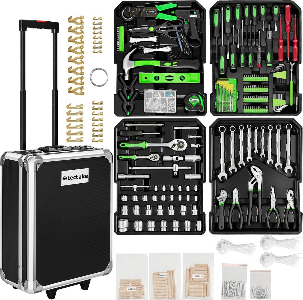 A collage of images showing a tool case and its contents, along with various tools and accessories.