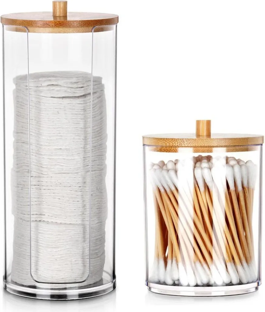 Vilde | Contenitore per Cotone fioc e tamponi cosmetici - 7 X 18 cm - Coperchio in bambu - Set di contenitori - 162 G