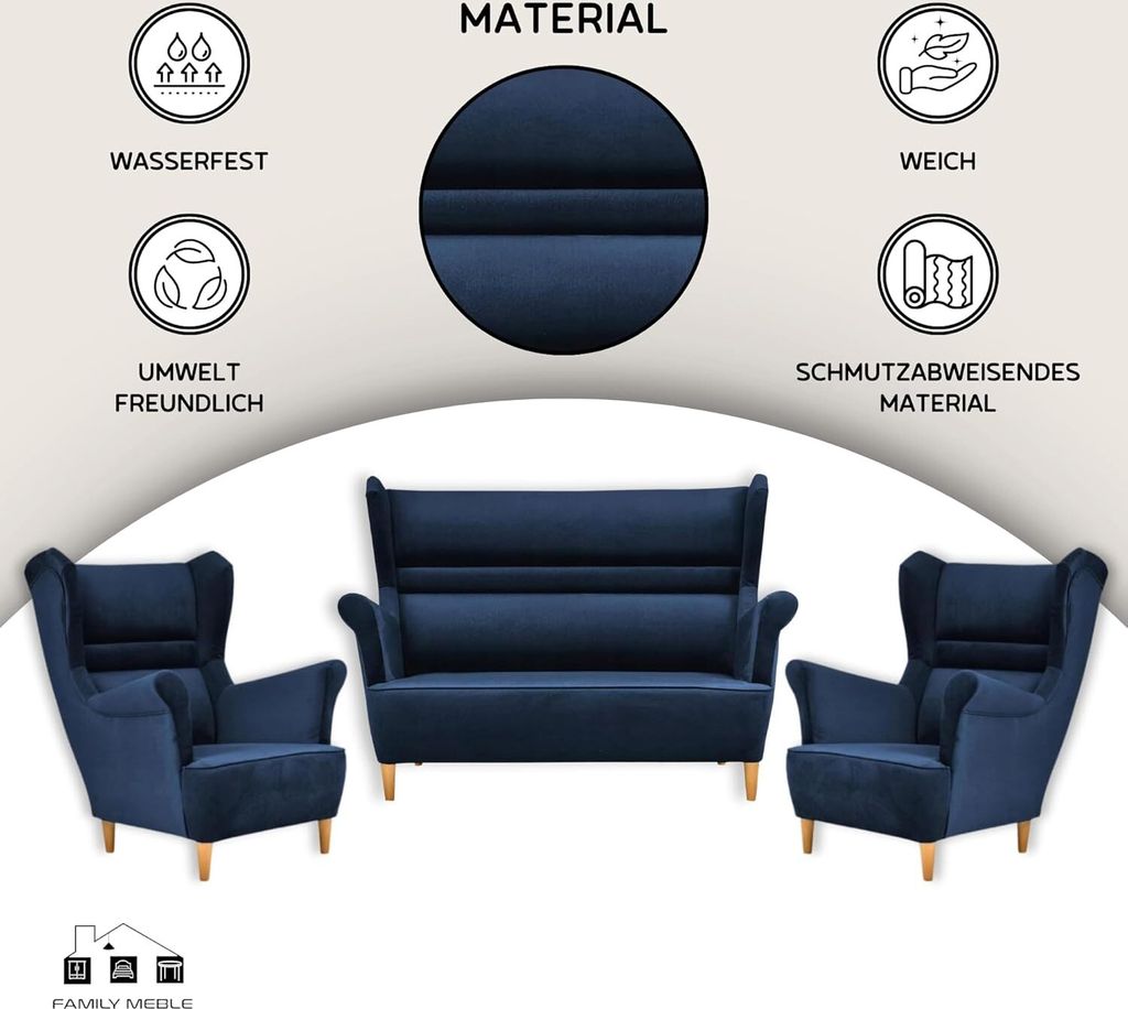 Family Meble Set aus Sofa + 2 Sessel Zoja 2-Sitzer Sofa Couch Zierpolsterung Freistehendes Lounge Sofa Bequem zum Entspannen Wohnzimmer Büro (NEW ...