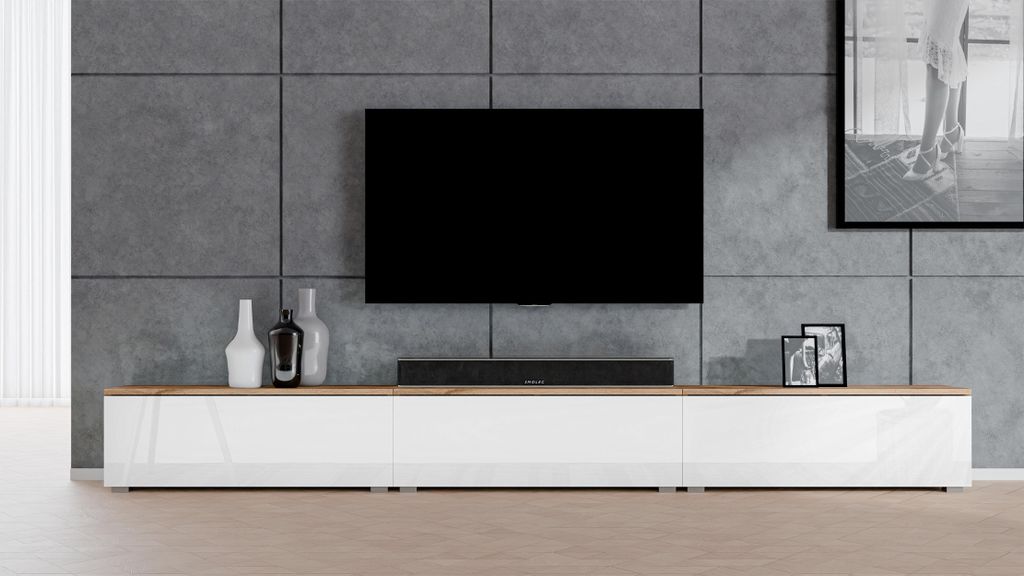 AX LIVING Lowboard 3x100cm Loriano TV Board Eiche Wotan/weiß Hochglanz