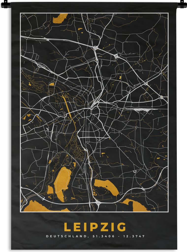 MuchoWow Wandteppich Wandbehang Leipzig - Gold - Stadtplan - Deutschland - Karte 120x180 cm Tapisserie Dekoration Wandtuch - Schlafzimmer - Dekor...