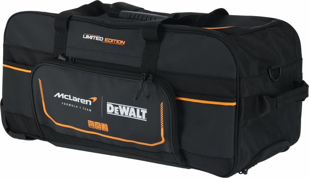 A black and orange tool bag with wheels.