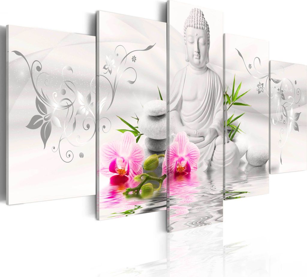 Modernes Wandbild b-A-0020-b-o (150x75) - 5 Teilig Bilder Fotografie auf Vlies Leinwand Foto Bild Dekoration Wand Bilder Kunstdruck Buddha Blumen