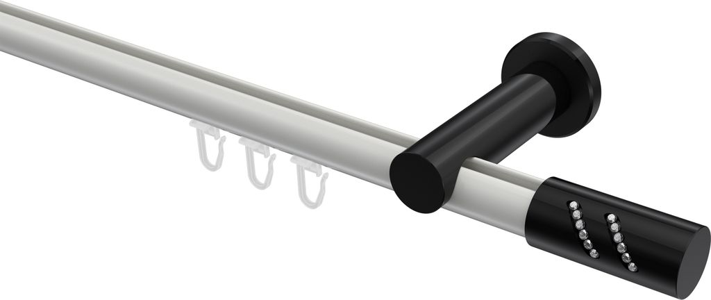 Interdeco Innenlaufstange / Gardinenstange mit Innenlauf Weiß / Schwarz, Typ Platon Zoena (Glitzerzylinder), 20 mm Ø 1-läufig, 320 cm