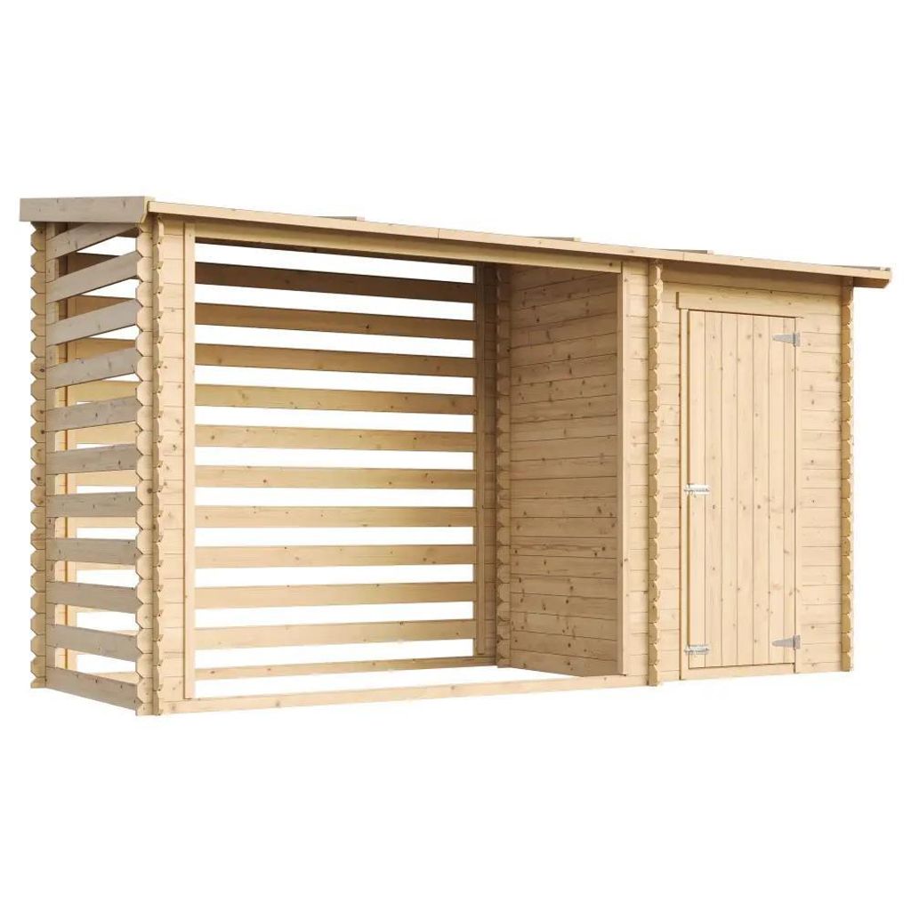 A wooden garden shed with a log store attached, shown from the front-right.