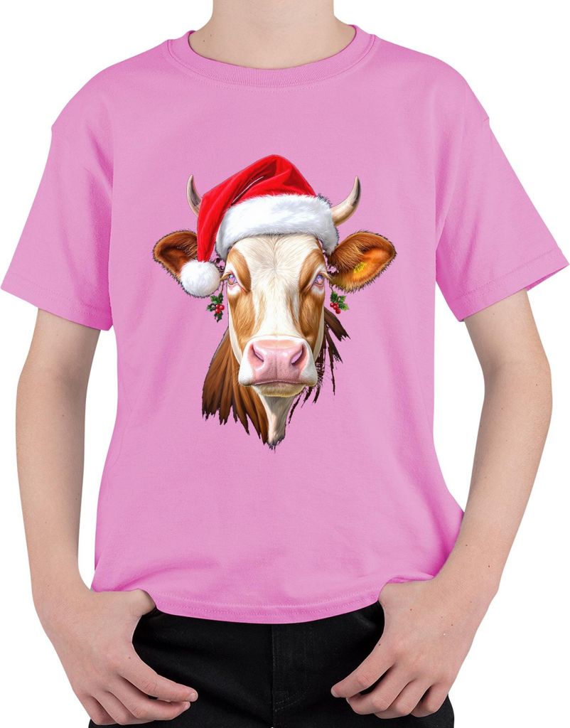 Weihnachtskuh Nikolausmütze Bauernhof Geschenk niedlich lustig Uni Kinder T-Shirt, Pink, 152