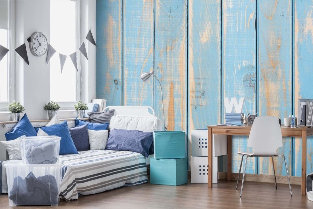Vlies Fototapete ALTE BLAUE LAMELLEN 375 x 250 cm (inkl. Kleister) - Vlies Tapete, Wandtapete, Wandbilder - Tapete für Wohnzimmer Schlafzimmer, B...