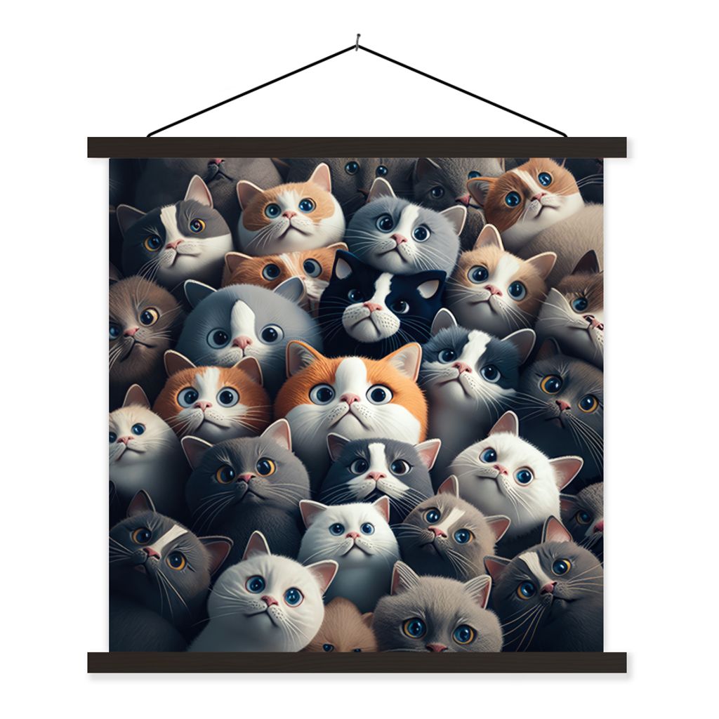 MuchoWow Textilposter Katze - Tiere - Katze - Grau - Muster - Kind 60x60 cm mit schwarzem Rahmen - Posteraufhänger