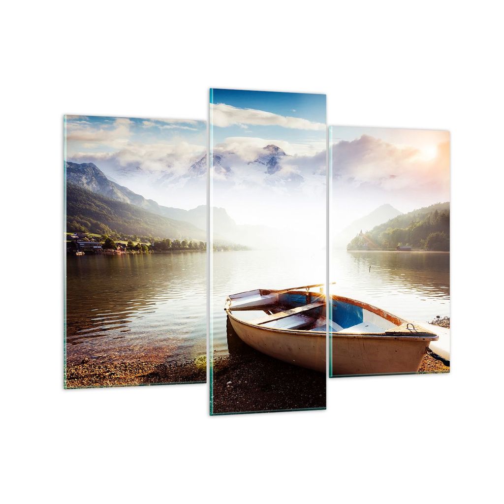 Bilder auf glas - Berge See Boot - 130x100cm - Glasbilder - Wandbilder - Kunstdruck - zum Aufhängen bereit - Wanddekoration aus Glas - Glas Bilder...