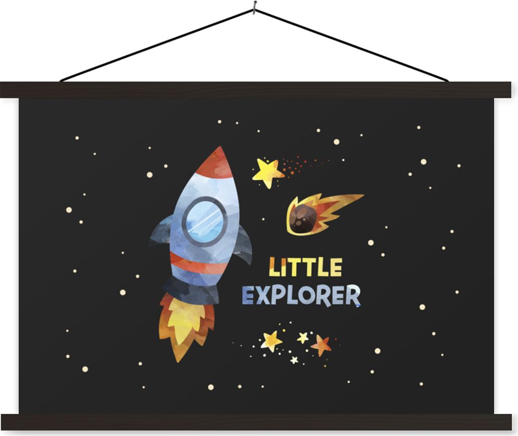 MuchoWow Textilposter Zitate - 'Kleiner Entdecker' - Sprichwörter - Kinder - Junge - Mädchen - Kinder 60x40 cm mit schwarzem Rahmen - Hölzernes