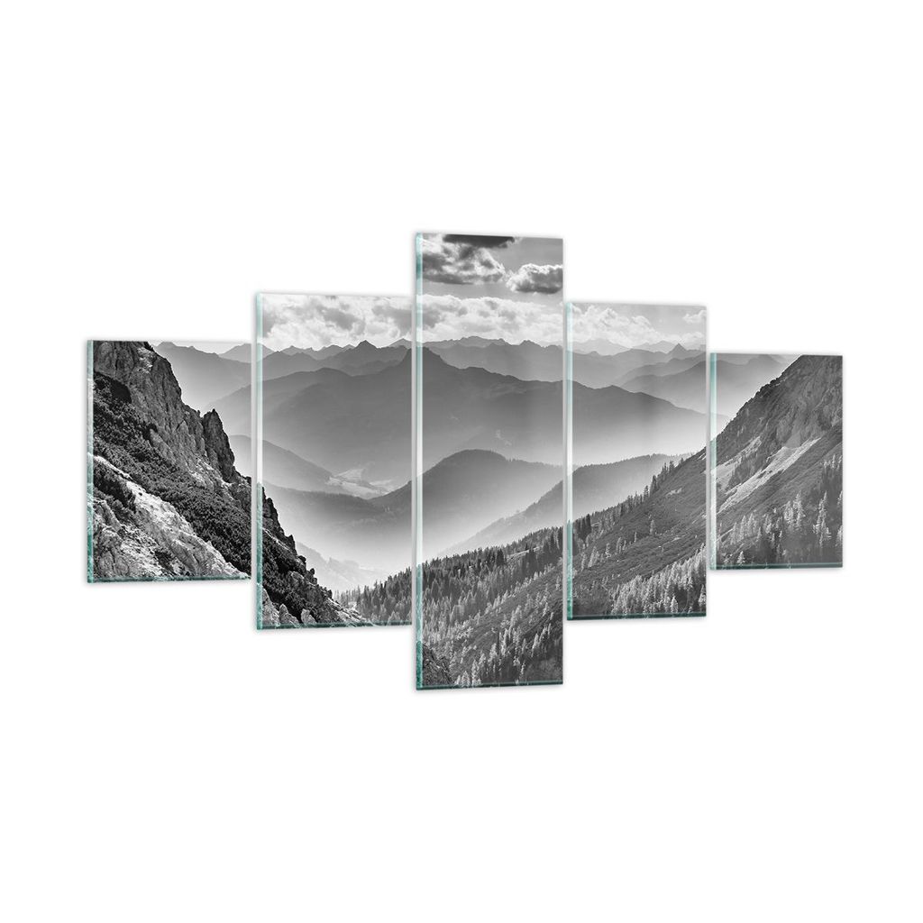 Bilder auf glas - 5 Teile - Schwarzweiß Landschaft Berge - 125x70cm - Glasbilder - Wandbilder - Bilder - Wanddekoration aus Glas - Glas Bilder - W...