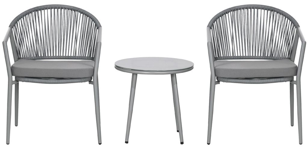 Gartenmöbel-Set, 2 Stühle & 1 Tisch mit Glasplatte, Rattanoptik, wetterfest, Metallrahmen, Grau