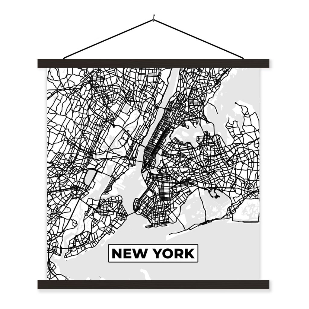 MuchoWow Textilposter Stadtplan - Karte von New York - Schwarz und Weiß 90x90 cm mit schwarzem Rahmen - Magnetisches