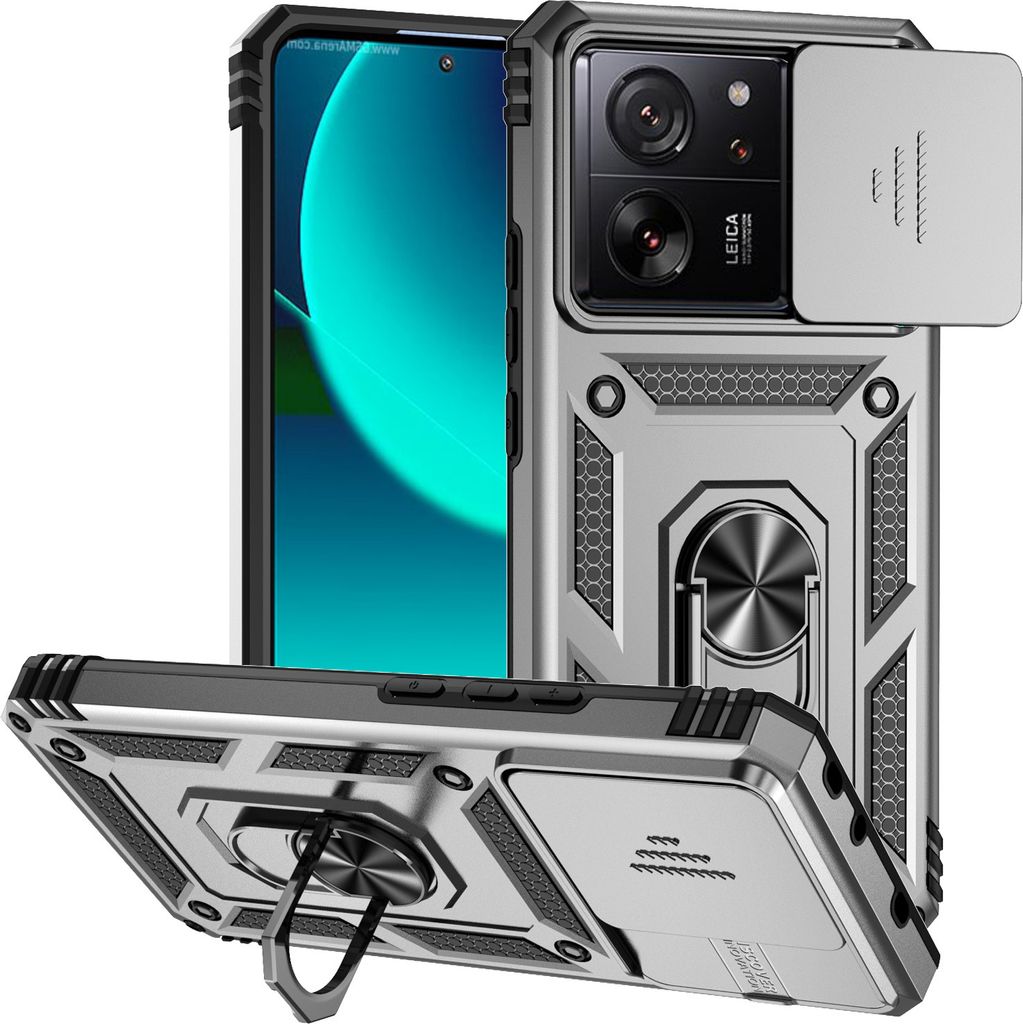 Xiaomi 13T Hülle mit Schiebe Kamera Schutz und Ringhalter Ständer Schutzhülle für Xiaomi 13T /13T Pro / Redmi K60 Ultra Silber
