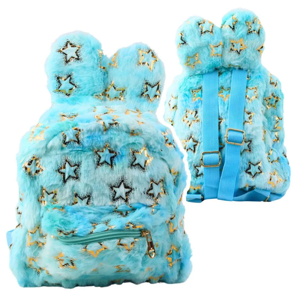 Petit sac à dos scolaire maternelle en peluche bleue et étoiles or