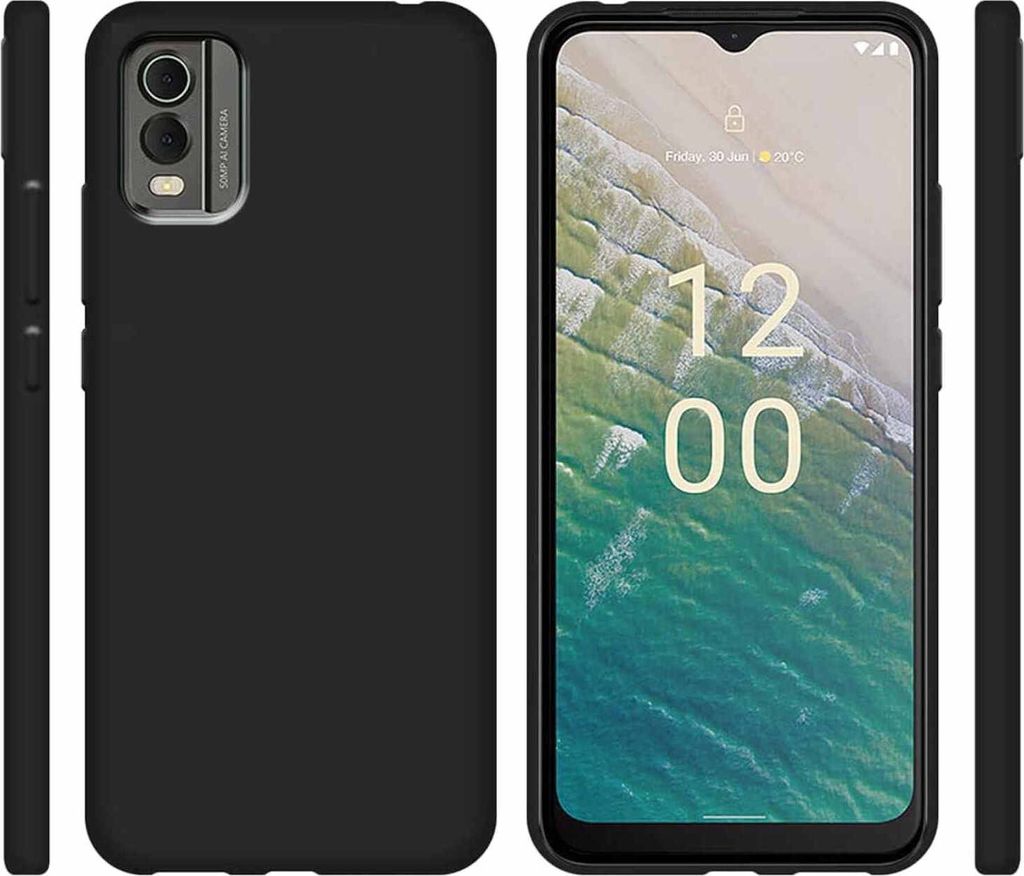 A product shot of a black phone case and a phone.