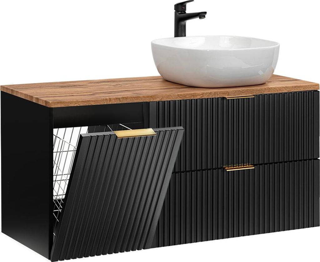 Waschtisch 120.8cm Adriel mit 2 Schubladen, Schwarz und Holzoptik