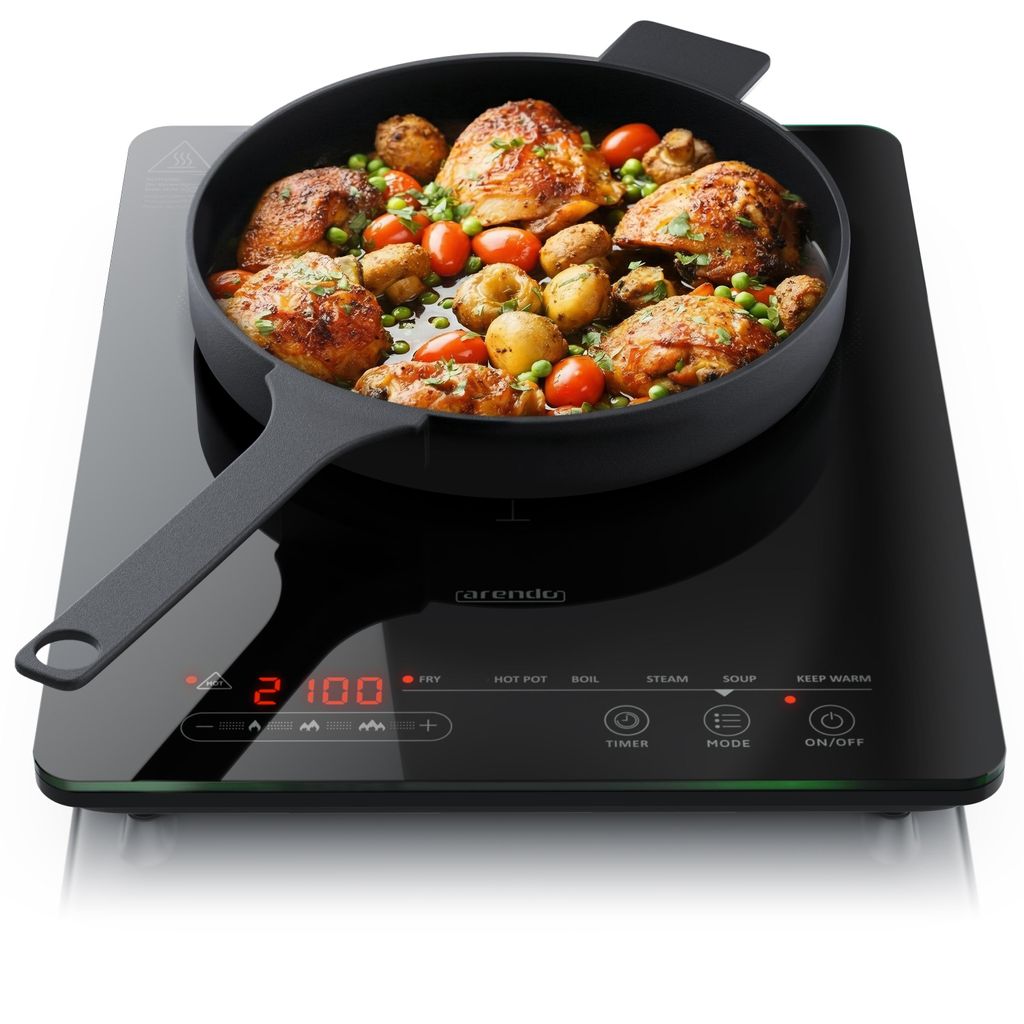 Arendo Induktions-Kochfeld, Induktionskochplatte, Induktionsplatte, Einzelkochplatte, 2100W, 9 Stufen, 6 Programme, Timer, Touch, Automatische Erke...