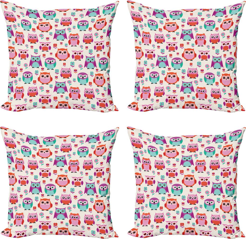 ABAKUHAUS Eulen Kissenbezug Set (4 Stück), Glückliche Kindheit Moderne, Moderner Doppelseitiger Digitaldruck, 50 cm x 50 cm, Orange Fuchsia Seafoam