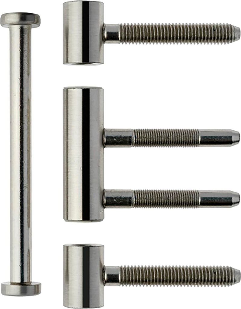 A set of three metal hinges and a separate metal pin, all with threaded ends, arranged against a white background.