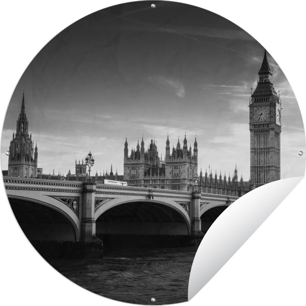 MuchoWow Gartenposter Outdoor-Poster Rund Big Ben von der Themse aus - schwarz und weiß Ø 120 cm Gartendeko Rundes Poster draußen