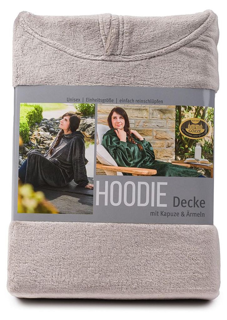 Gözze Hoodie-Decke mit Kapuze, Strickbündchen am Ärmel und seitlichen Schlupftaschen, 73x120 cm, stein