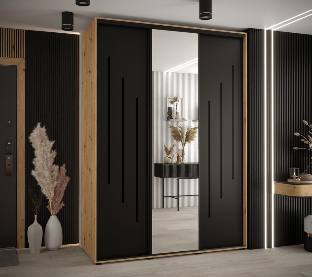 Kleiderschrank YVONA 9 - 180/60 cm, Eiche handwerklich / schwarz / schwarz