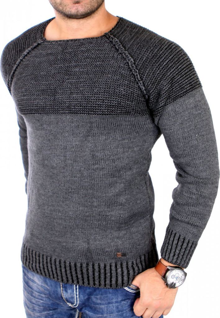Reslad Strickpullover Herren Two Tone Rundhals Pullover Produktbild 
