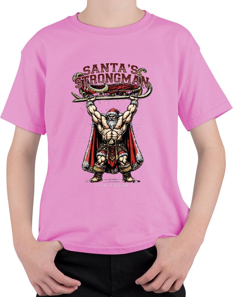 Santa's Strongman Weihnachtsmann Wikinger Geschenk Fitness Retro Uni Kinder T-Shirt, Pink, 152
