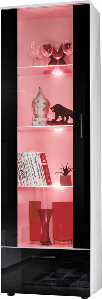 Komodee, Vitrine Schrank Alessandria, Weiß/Schwarz, Breite 60cm x Höhe 192cm x Tiefe 42cm, 3 Glasböden, 1 Regal aus laminierter Platte, für Woh...