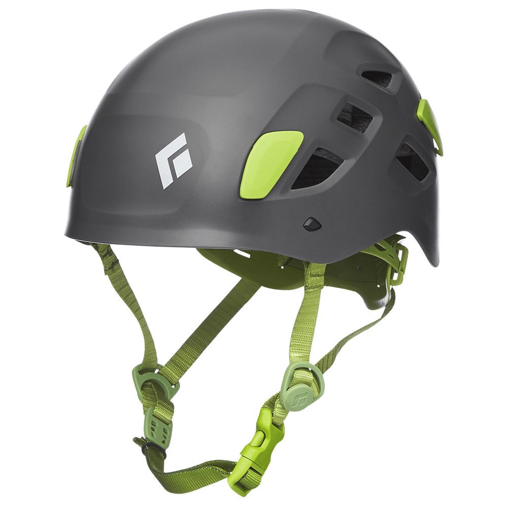A gray climbing helmet with green accents and straps, shown against a white background.