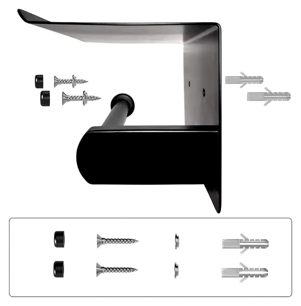Chrom-Toilettenpapierhalter mit Ablage, Wandmontage oder selbstklebend, Edelstahl, Schwarz