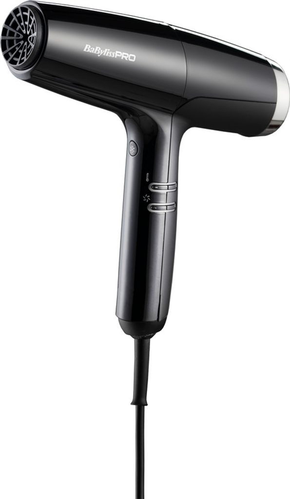 A black BaBylissPRO hair dryer is shown against a white background.