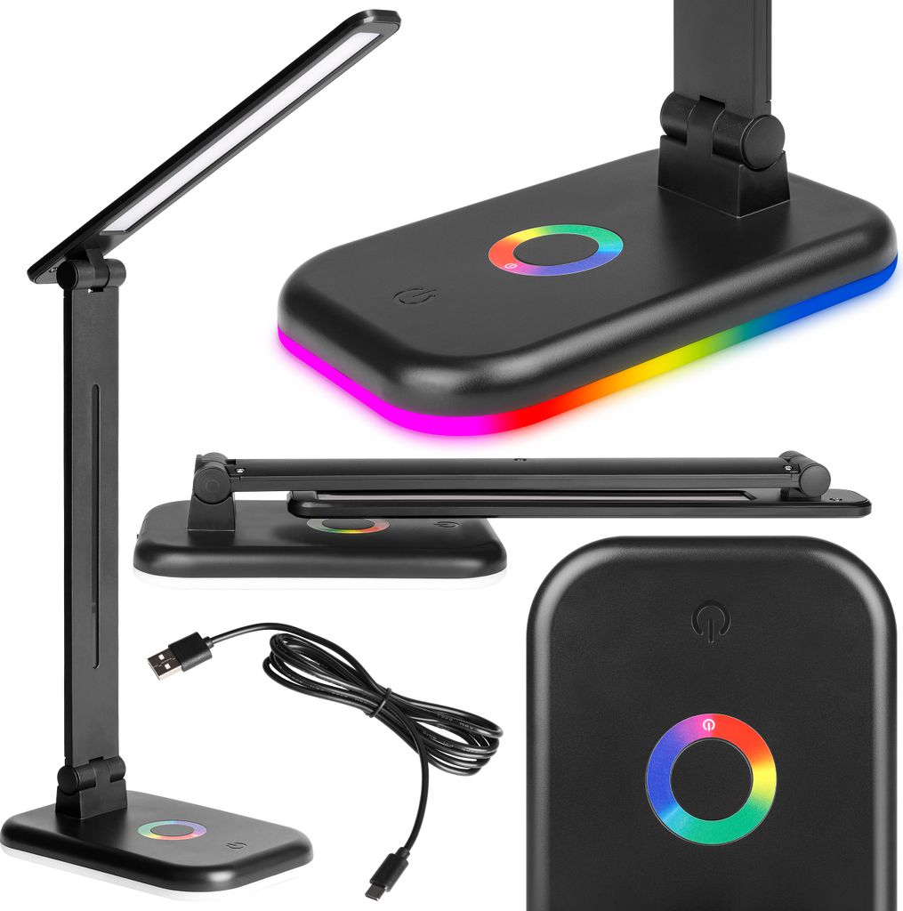 A collage of images showing a black desk lamp from different angles, including a close-up of its base with RGB lighting.