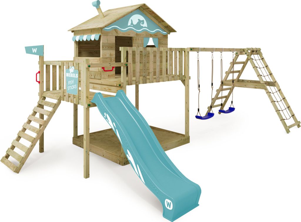 WICKEY Spielturm Klettergerüst Smart Ocean mit Schaukel & Rutsche, Stelzenhaus mit Sandkasten, Kletterleiter & Spiel-Zubehör – pastellblau