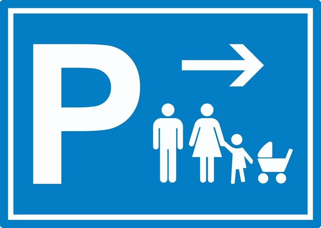 Eltern Kinderwagen Parkplatz Aufkleber mit Richtungspfeil rechts waagerecht A5 (148x210mm)
