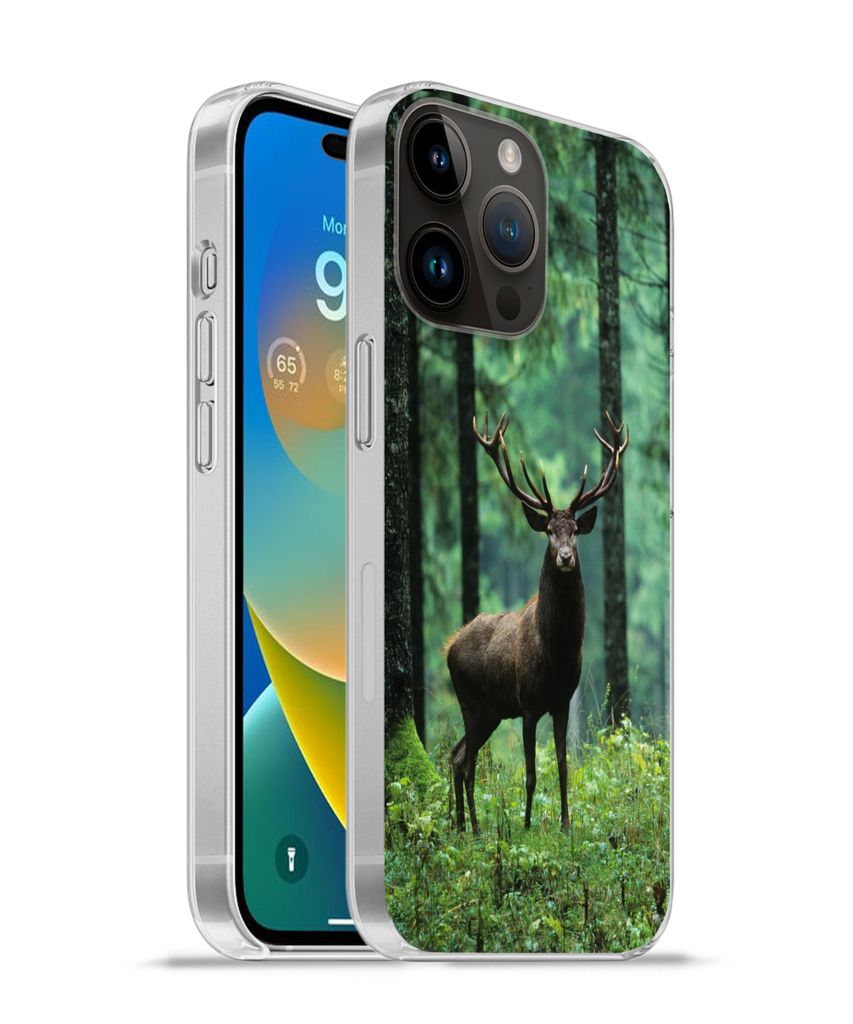 MuchoWow Handyhülle Schutzhülle Hülle für Apple iPhone 14 Pro Max Hirsche - Wald - Bäume - Tiere - Natur Silikon Softcase Handy Hülle - Har...