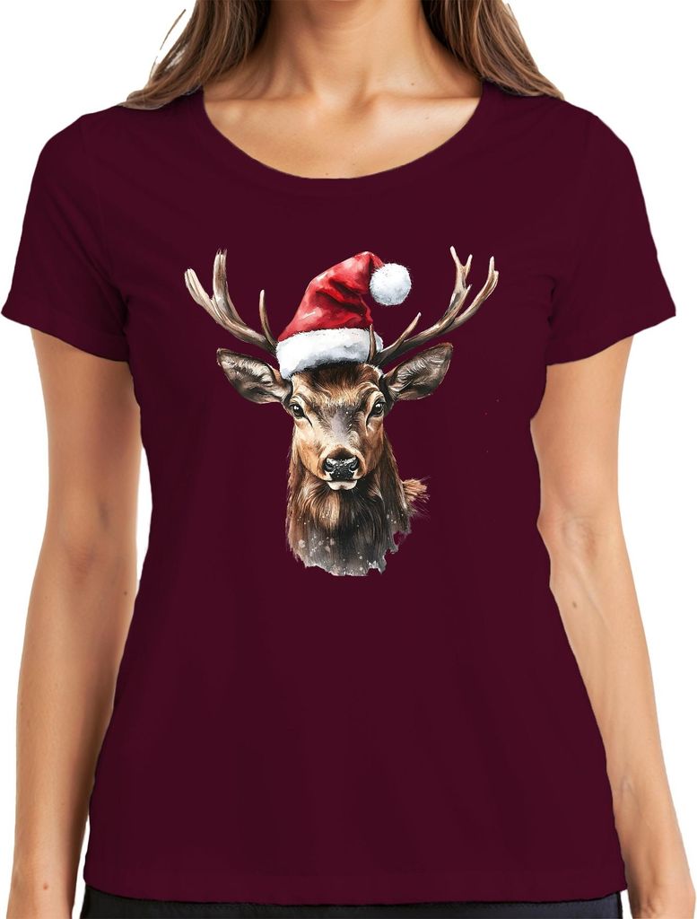 Weihnachtsrentier Geweih Aquarell festlich Vintage Geschenk Damen T-Shirt, Burgundy, XL