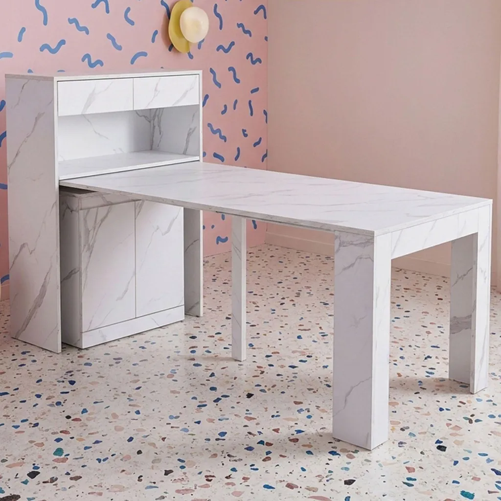 Petite console extensible gain de place avec rangement effet marbre blanc