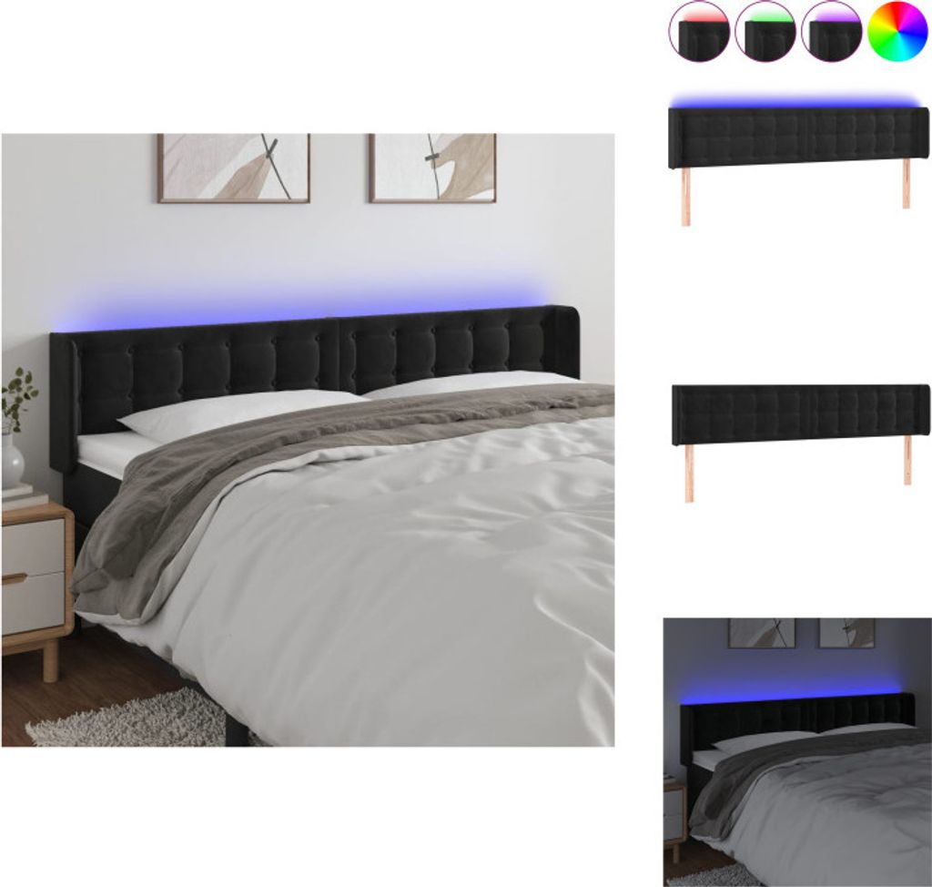 vidaXL LED Kopfteil Schwarz 183x16x78/88 cm Samt - Kopf- & Fußenden