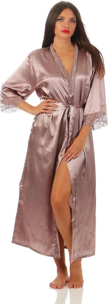 Damen langes Kimono Seidenrobe Morgenmantel; Cappucino M
