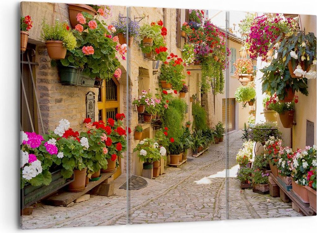 Bild auf Leinwand - Leinwandbild - Blume Straße Haus - 105x70cm - Wand Bild - Wanddeko - Wandbilder - Leinwanddruck - Bilder - Kunstdruck - Wandde...