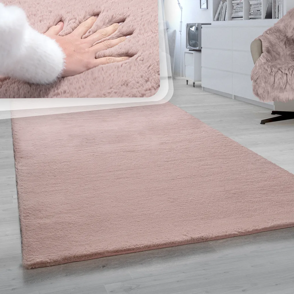 Tapis salon poils longs rose Ø 120 cm - Effet fourrure de lapin douce