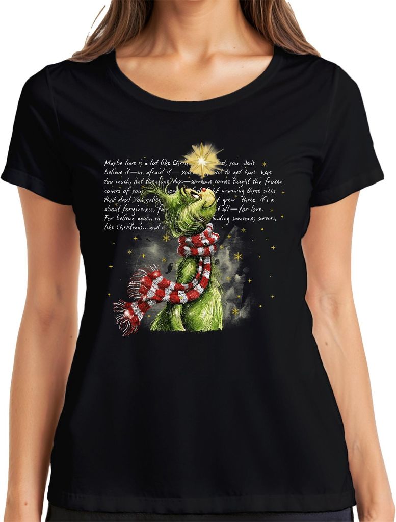 Maybe love is a lot like Christmas Grinch Weihnachten grün Stern Damen T-Shirt, Schwarz, S